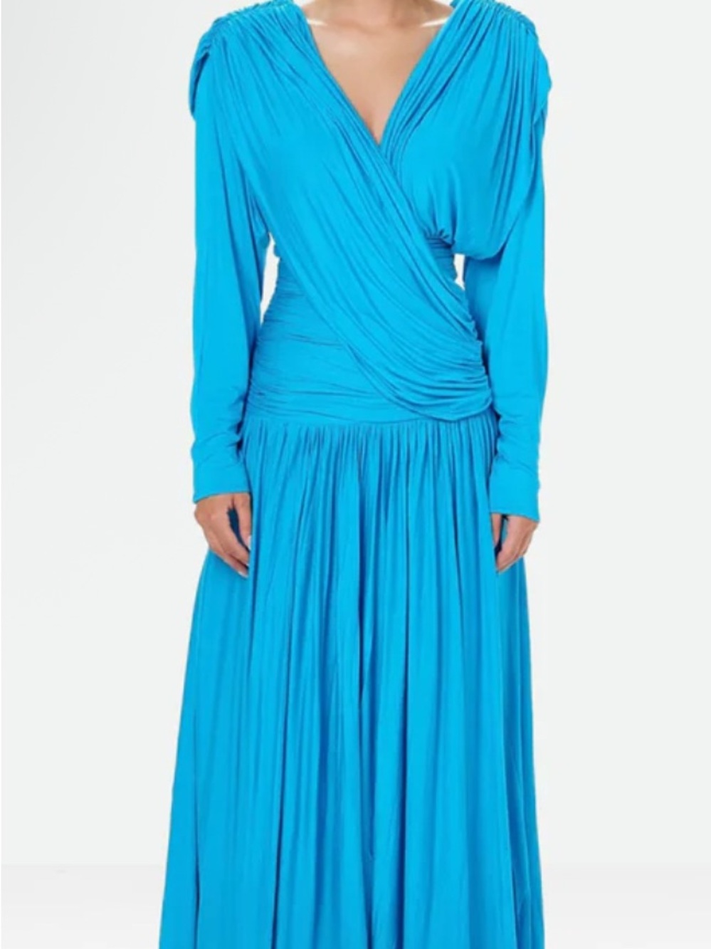 Amy Shehab Draped Long Sleeve Draped Maxi Dress in Turquoise
